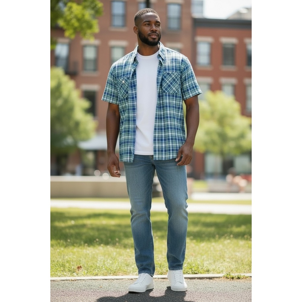 Rocawear Classic Mens 2XB Blue Green Plaid Short Sleeve Button Down Shirt Urban